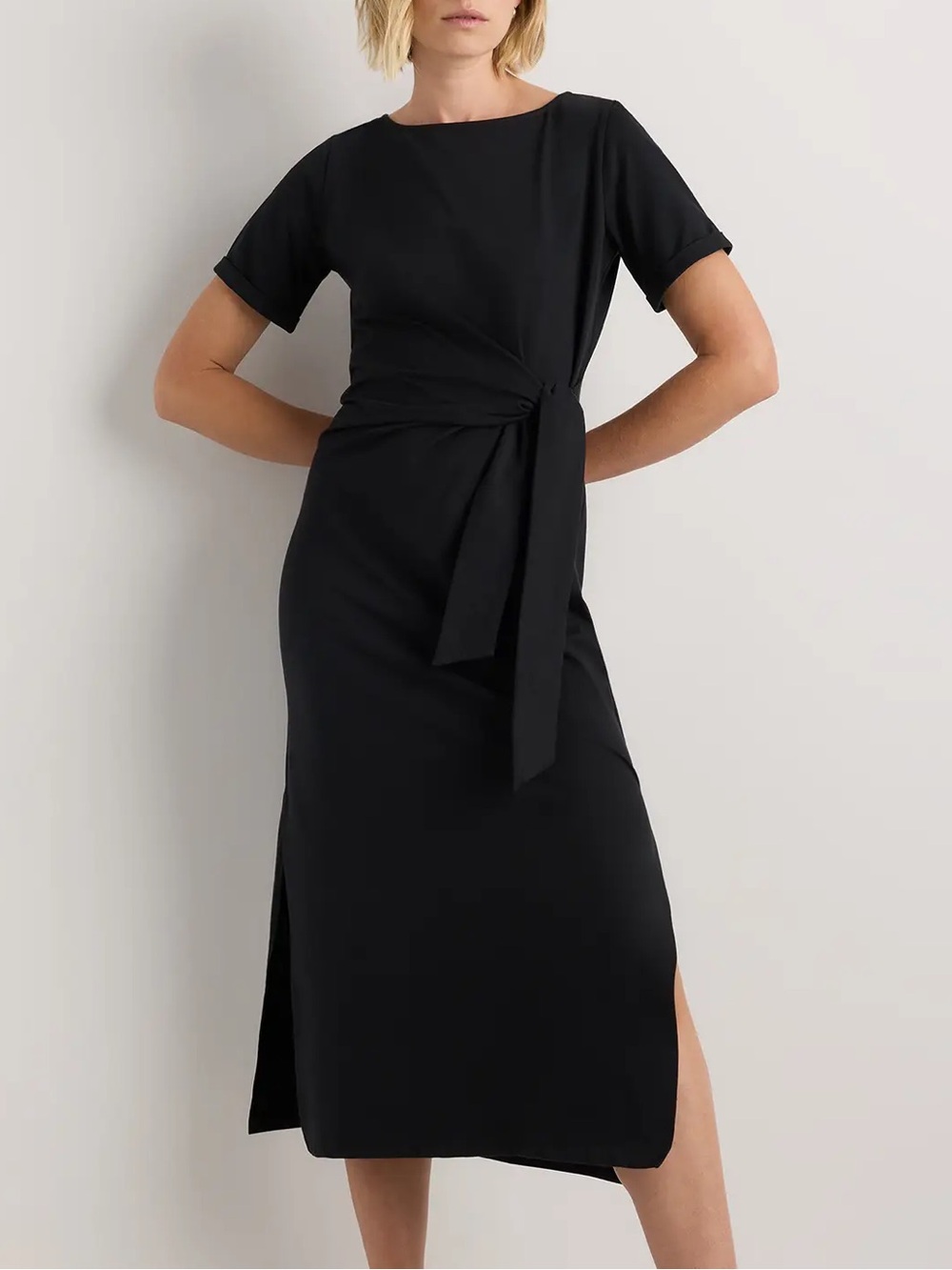 Quince Black Stretch Cotton Jersey Side Tie Midi Dress